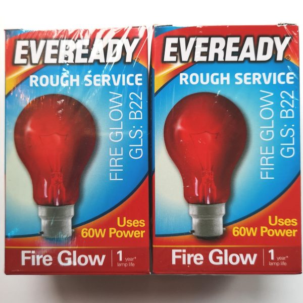 60 Watt Fireglow Lamp BC Red for Electric Fires Twin Pack