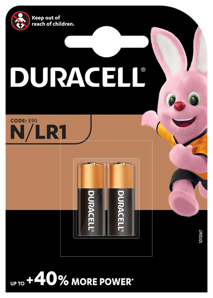 A twin pack of Duracell LR1 1.5 volt alkaline batteries.
