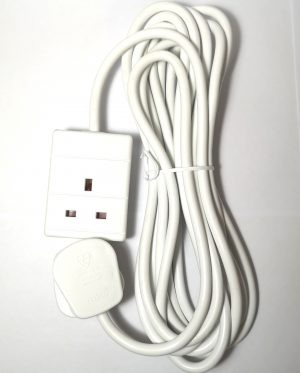 A white Extension Lead with 1 Gang/socket and 5 metre long