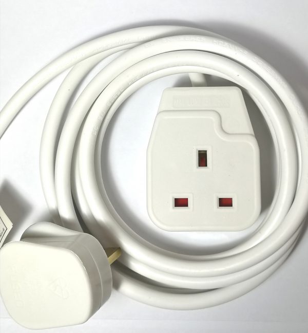 A white extension lead with 1 gang/socket and 3 metres long