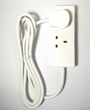A white extension Lead with 2 gang/sockets and 2 meters long