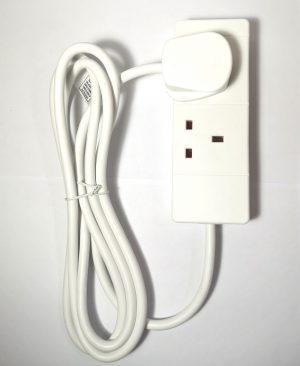 A white extension Lead with 2 gang/sockets and 2 meters long