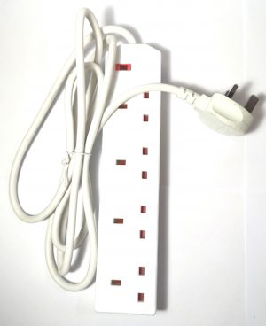 A white Extension Lead with 4 Gangs/sockets and 2 Metre long