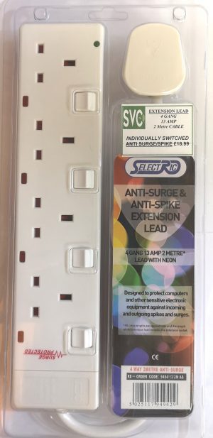 A White Extension Lead 4 Gang 2 Metre long. It offers Anti Surge/Spike protection and each socket is Switched with a Neon light.