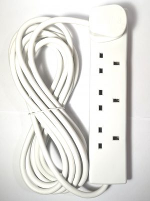 A white extension lead with 4 gang/sockets and 5 metre long, white