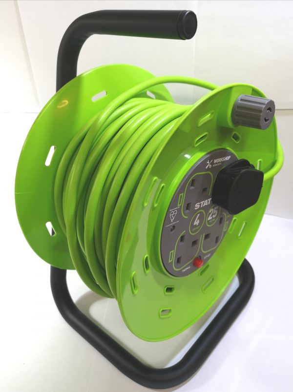 A sturdy 25 meter extension reel with thermal cut-out, black metal stand & handle and green cassette holder for the cable.