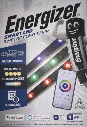A branded Energizer smart LED 5 metre flexi strip tape with warm white and multi-coloured, multi function lighting modes