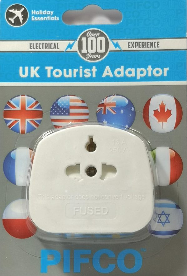 A white UK Universal tourist adaptor with 3 pin UK plug