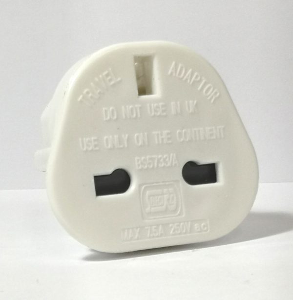 A white plastic UK to European travel adaptor for your small appliances