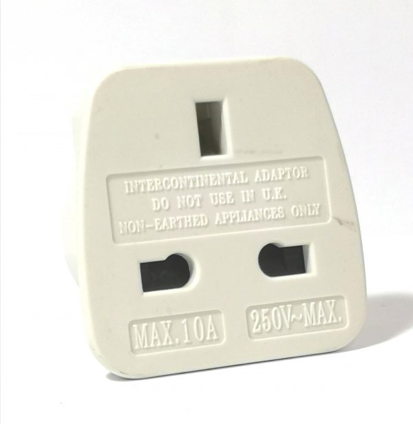 A White plastic with metal pins, UK to USA/Australia travel adaptor