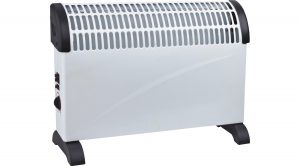 A white metal convector heater and black trim. It uses a maximum of 2KW with a choice of 3 heat settings & a turbo fan