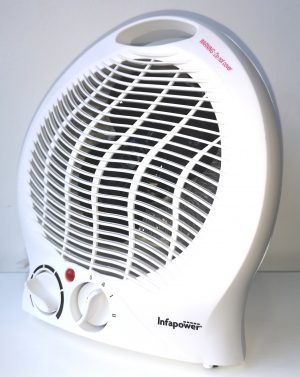 A White body upright fan heater with optional cool or hot air flow settings.Upright Fan Heater