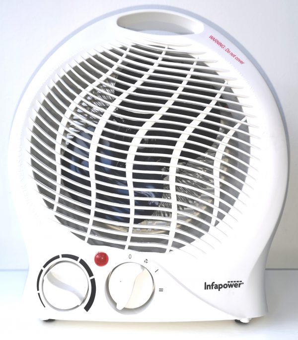 A White body upright fan heater with optional cool or hot air flow settings.