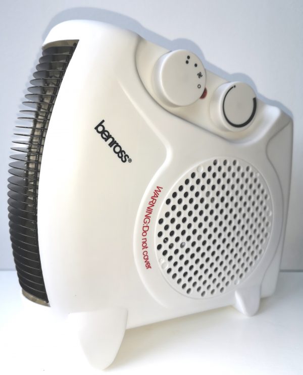 A White fan heater with optional cool or hot air flow settings. Use upright or flat.