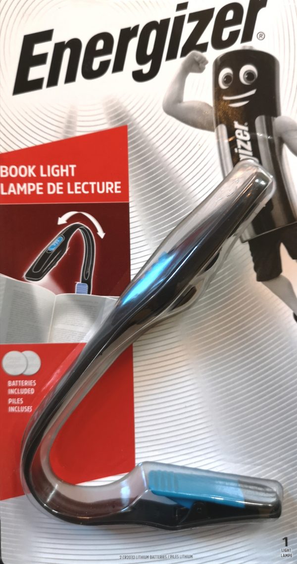 A LED book light with a sturdy clip and powered by battery