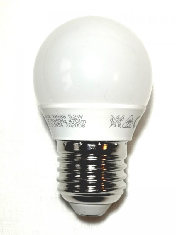 LED golf ball style lightbulb with an Edison screw Cap and opal cover