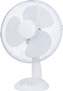 12" desk fan in white with three speed settings, suitable for home and office use