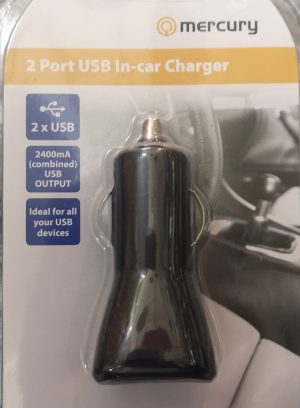 This USB In-car Charger offers two ports and is black