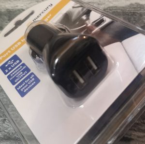 This USB In-car Charger offers two ports and is black