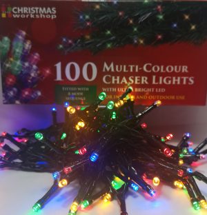100 multi coloured chaser lights with super bright LED & sequence controller, plug in suitable for indoor & outdoor use