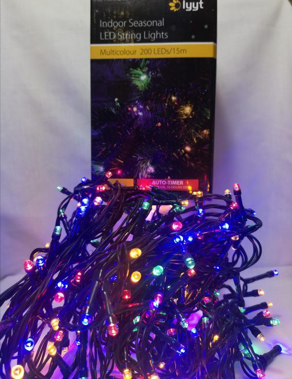 200 Multi-coloured LED Lights, auto timer, 8 sequences Indoor use