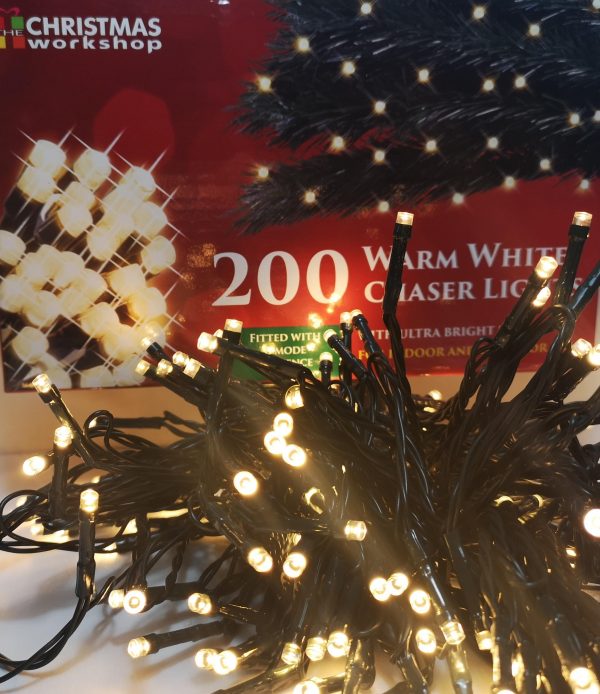 200 Warm White LED Chaser Lights with sequence controller suitable for your festive & Christmas light displays. Plug in, for Indoor & outdoor use.