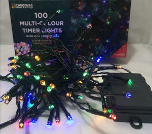 100 Multi-coloured Timer LED lights with sequence controller. Battery operated, indoor or outdoor use.