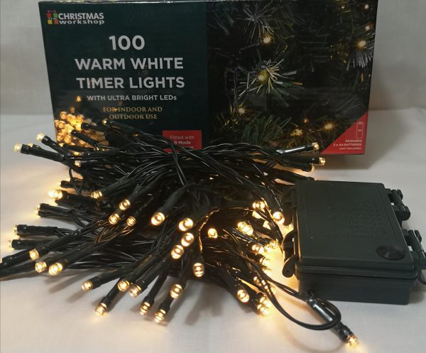 100 Warm White Timer LED Lights with sequence controller, battery operated