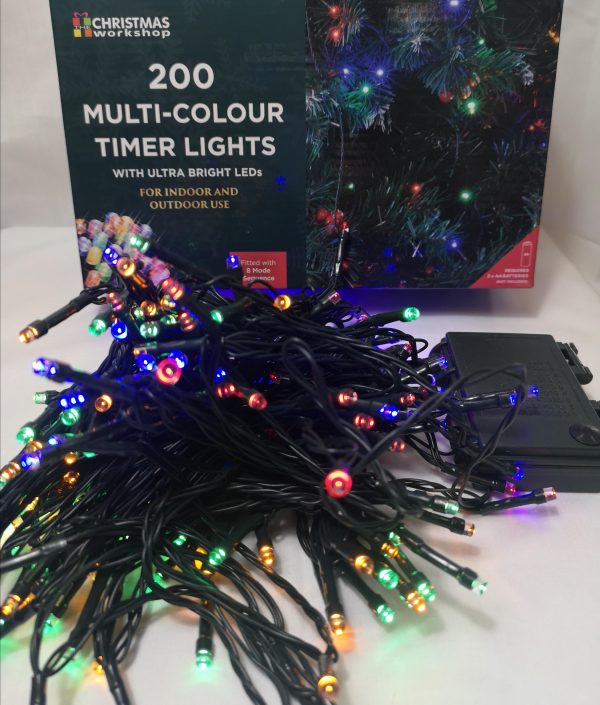 200 Multi-coloured Timer LED lights with sequence controller. Battery operated, indoor or outdoor use
