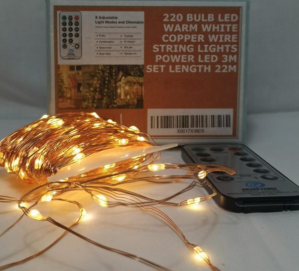 220 Warm-white copper wire LED string lights, plug in,