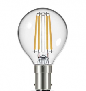 A 4W Golf-ball, round lightbulb with a Small Bayonet Cap. clear glass and a warm white light output.