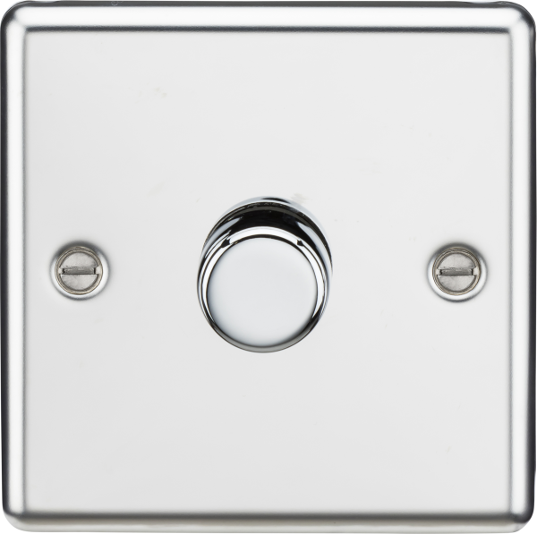 A square photo of a LED Dimmer switch, 1G 2W Polished Chrome with push on/off knob
