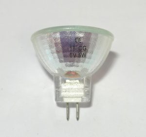 MR11 6 Volt 5 Watt GU4 2 pin cap fitting, dichroic halogen lamp with warm white tone