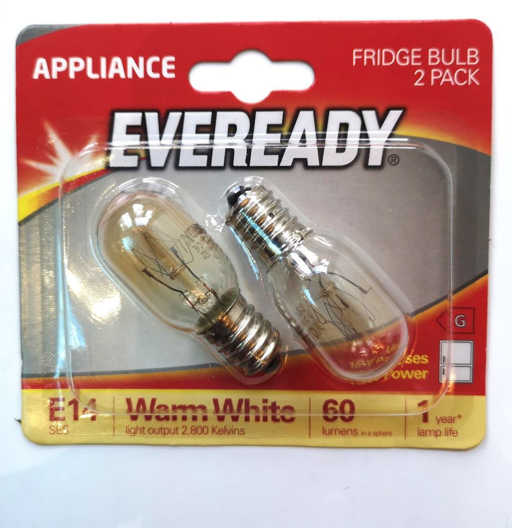 A twin pack of 15 watt appliance fridge bulbs with small Edison screw cap and clear glass